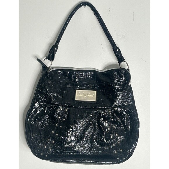 Baby Phat Handbags - Y2K Babyphat Shoulder Bag Black Vegan Ebossed Croc Studs Shiny Large Silver Stud